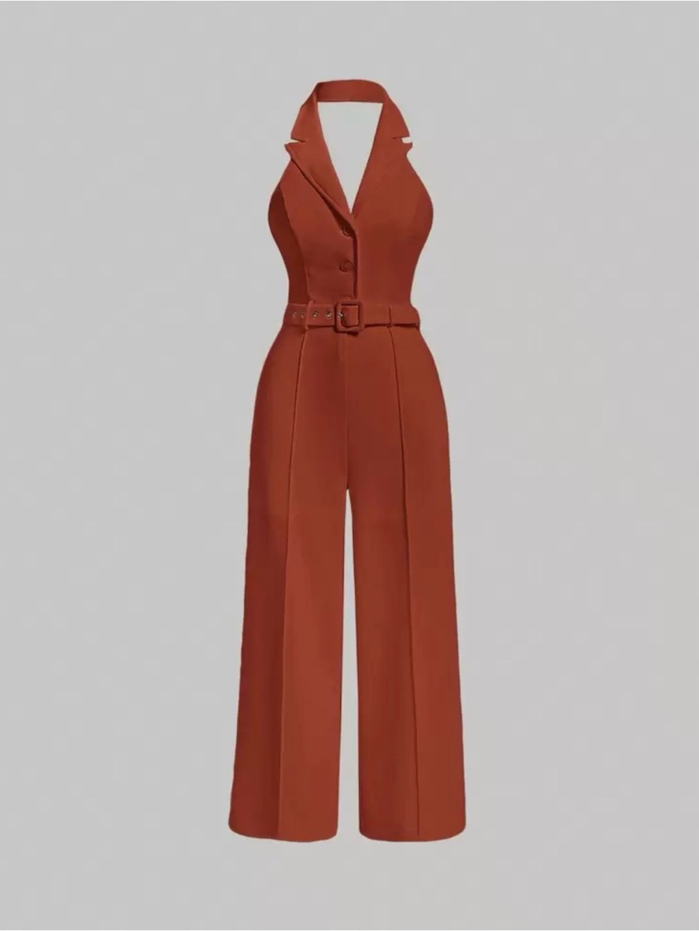 Women’s Halter Button Belted Wide-Leg Jumpsuit Rust Orange, Large Like New Shein